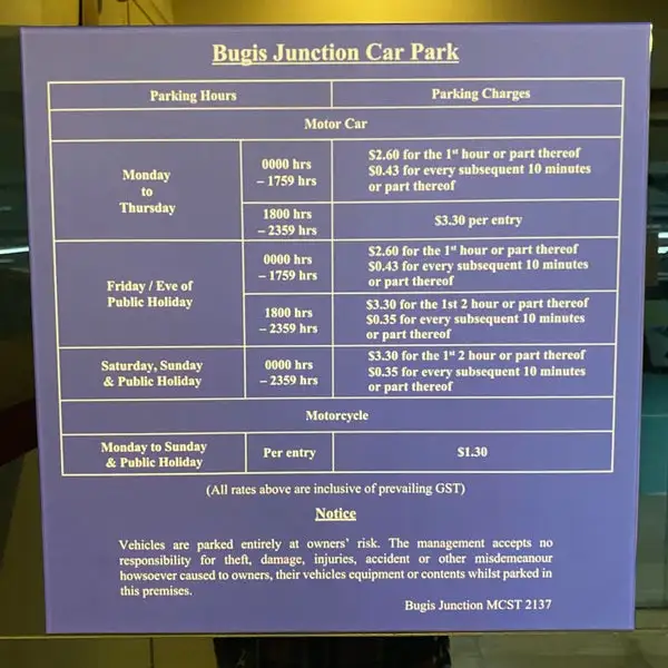 Bugis Junction Parking Rates