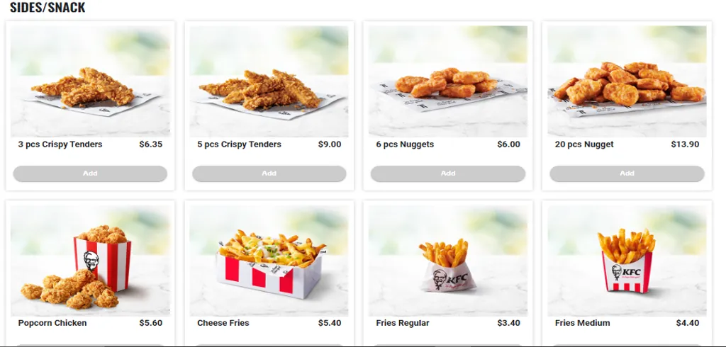 KFC Sides/Snack Menu